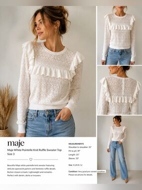 Maje White Pointelle Knit Ruffle Sweater Top Size 3 Long Sleeve Romantic